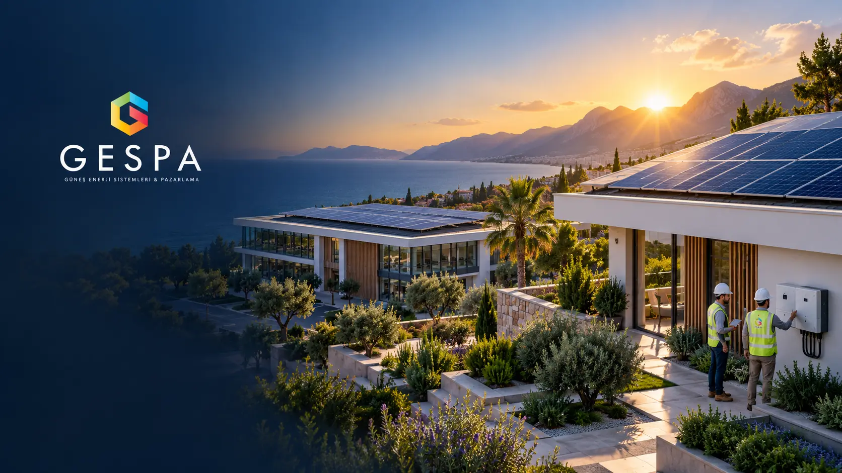 GESPA Enerji çatı güneş enerjisi sistemi kurulmuş modern villa ve saha ekibi