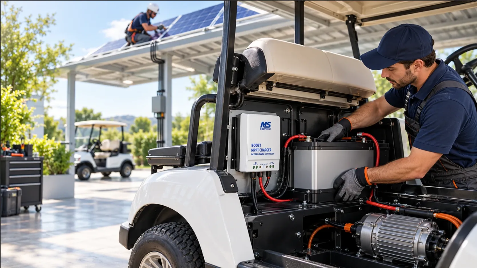 Teknisyen golf arabasına BOOST MPPT şarj kontrol cihazı ve akü bağlantısını kuruyor, arkada güneş panelli sundurma