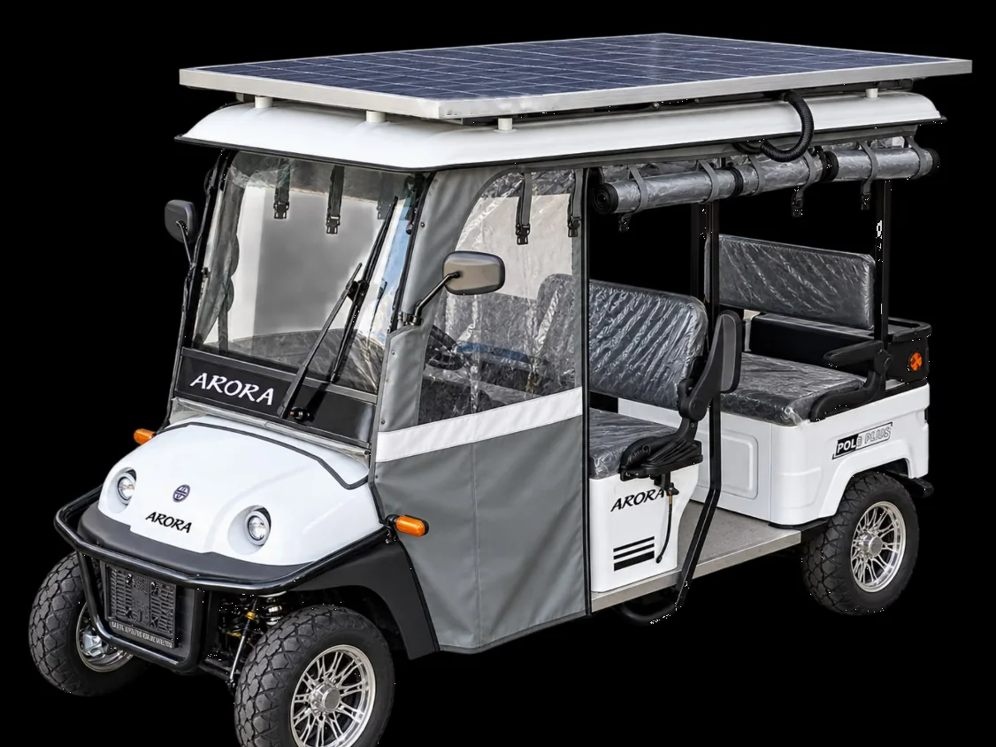 Golf-cart-type electric vehicle with a solar panel on its roof