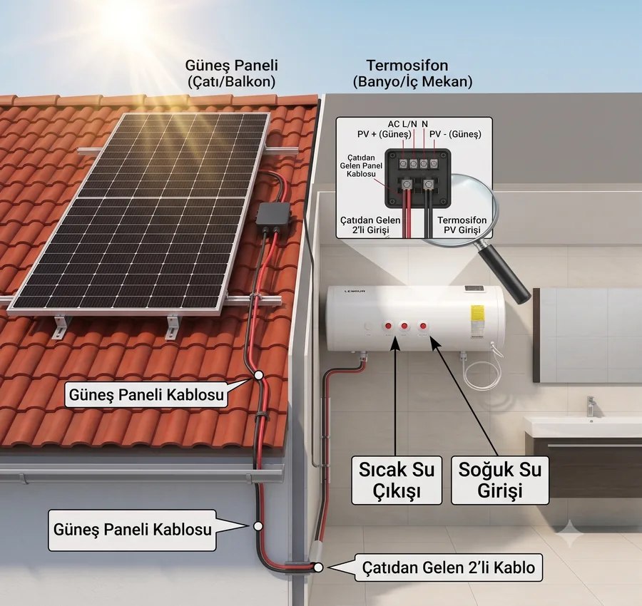 Solar su ısıtıcı montaj şeması: çatıdaki güneş paneli, panel kablosu ve banyodaki termosifonun PV girişi bağlantısı
